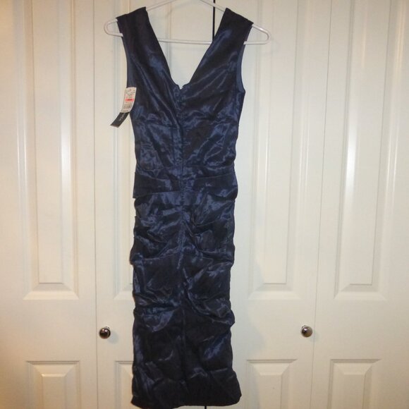 LE CHATEAU navy blue shimmery satin ruched cocktail party midi dress - Picture 2 of 9
